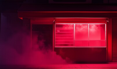 Obraz premium A photo of an empty product stand bathed in red light, with dense vapor adding a mysterious atmosphere