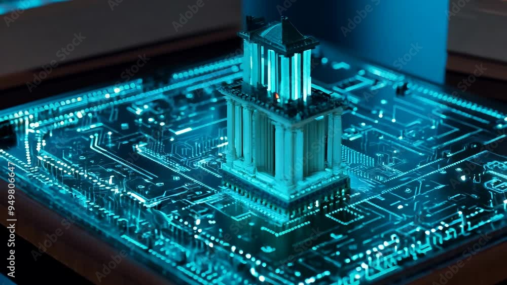 Poster exploring a unique architectural model with glowing circuit details in a modern exhibit