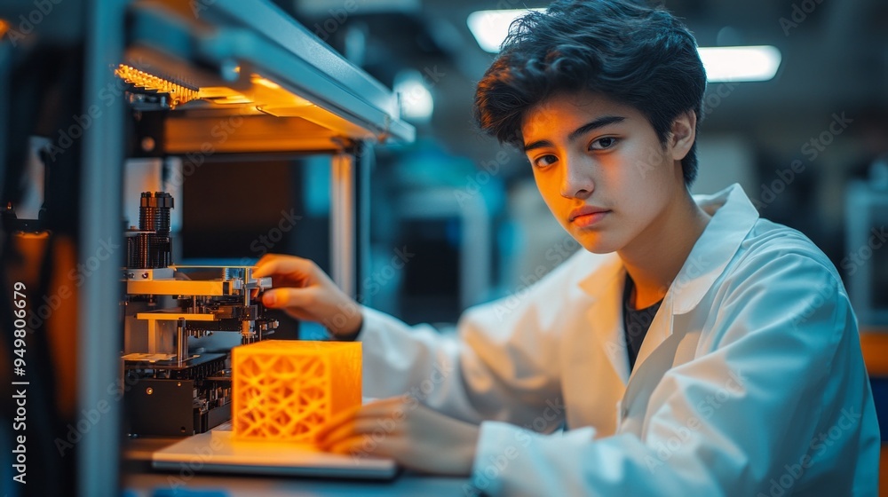 Aufkleber a young man in a lab coat is working on a project, possibly a 3d printed object