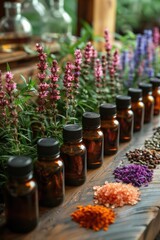 Aromatherapy essential oils in amber bottles with lavender and other herbs on a wooden table.
