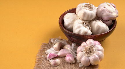Organic Garlic. Fresh Garlic Cloves and Garlic bulb in wooden basket on yellow background with Pile of garlic or spice. Concept of spices for healthy cooking.