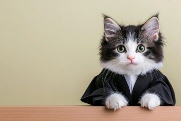 Charming Fluffy Cat Dressed as Lawyer Sitting at Desk isolated with copy space