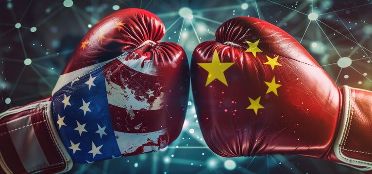 Boxing gloves with United States and China flags clashing against a futuristic digital network background.