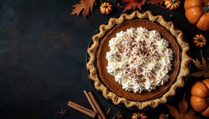 Pumpkin Pie with Whipped Cream and Autumnal Decorations