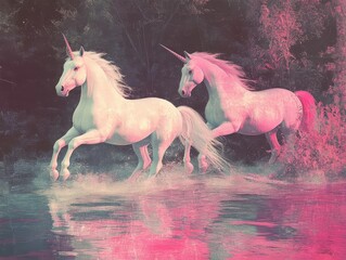 Naklejka premium Enchanting scene of two unicorns in a mystical landscape, playfully trotting through a shimmering water reflection.