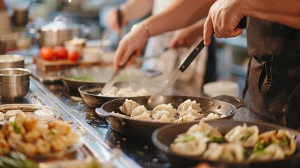 Middle-aged Friends Learning Asian Dumplings at Cooking Class for Culinary Skill Building