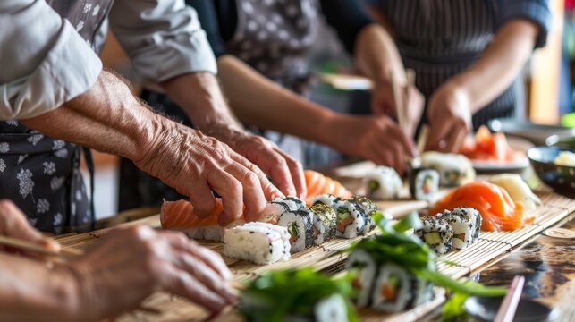 Middle-Aged Friends in a Professional Cooking Class Making Homemade Sushi - Perfect for Culinary Workshops