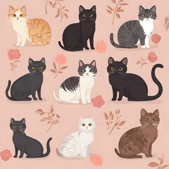 Whimsical Feline with Diverse Cartoon Cat Breeds on Muted Rose Toned Botanical Background