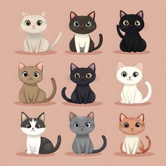 Collection of Colorful Cartoon Style Cats in Muted Rose Background