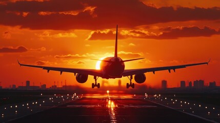 Morning Takeoff: Airplane Silhouette Against Sunrise Sky