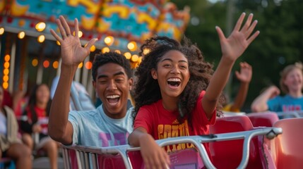 Naklejka premium Joyful High School Graduates Celebrating College Admissions at Vibrant Local Carnival