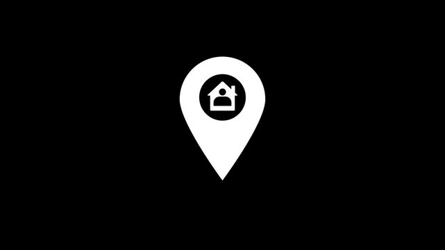 Map pointer with house icon animation on black background. Home location marker symbol.