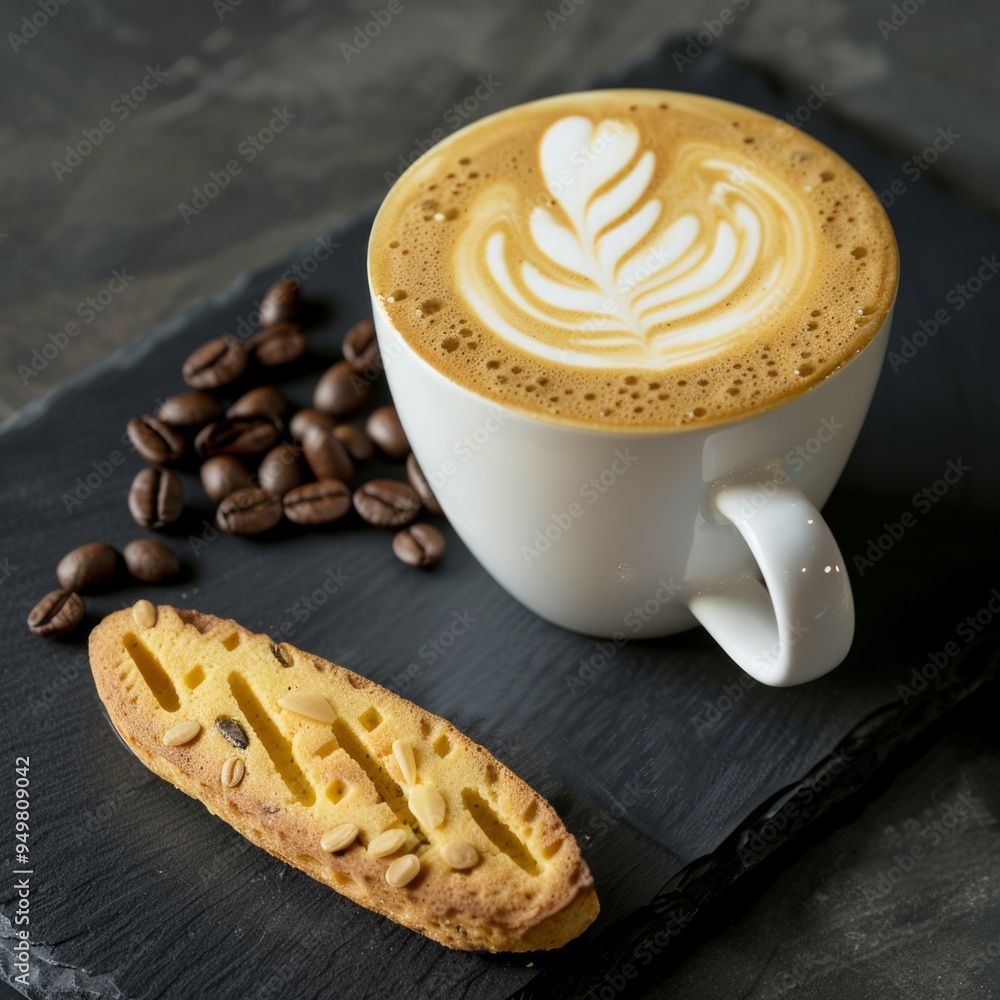 Wall mural Latte art coffee with biscotti and coffee beans on a slate board.