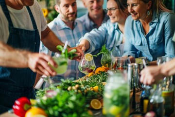 Middle-Aged Friends Enjoying a Fun Cocktail-Making Class with Fresh Ingredients