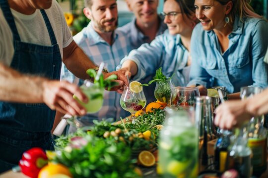 Middle-Aged Friends Enjoying a Fun Cocktail-Making Class with Fresh Ingredients