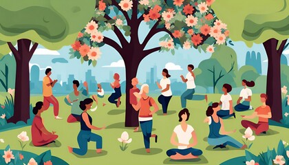 Highlight self-care with this lively illustration featuring individuals practicing tai chi and journaling in a sunny park. Perfect for wellness promotions and mental health initiatives.