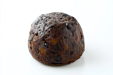 Fototapeta premium Christmas Pudding, A traditional British steamed cake made with dried fruits, suet, and spices, often served with brandy sauce. Isolated on White Background