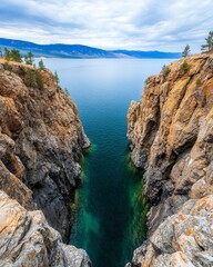 Stunning view of a narrow strait between two rocky cliffs, turquoise water, clear sky.