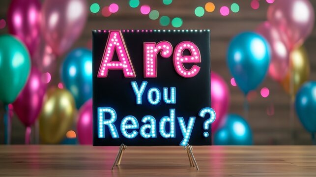 Are You Ready? Neon Sign with Festive Colorful Balloons Background for Event Preparation