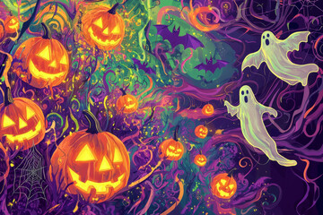 Obraz premium Halloween Night with Jack-O'-Lanterns and Ghosts