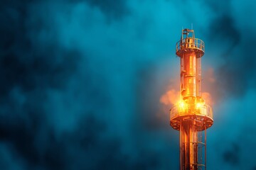 A dramatic close-up of a glowing industrial smokestack towering against a moody blue sky, showcasing energy and pollution.