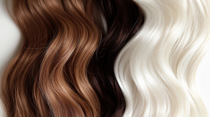 Fototapeta premium Close-up of three strands of hair in different shades, brown, black, and platinum, showcasing the smooth texture and color variety.