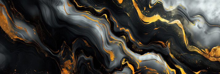 Obraz premium Abstract artwork with flowing black, gray, and gold patterns, creating a dynamic visual effect with swirls and waves of color.