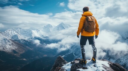 Triumphant Hiker with Prosthetic Leg on Summit