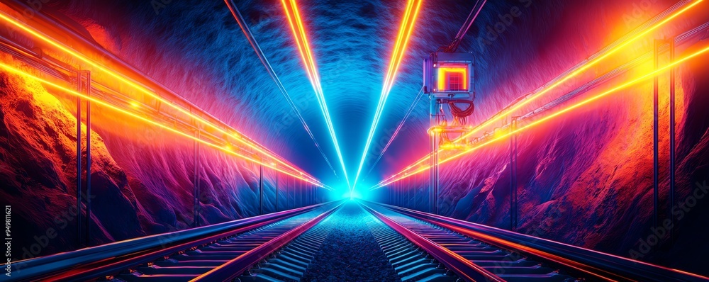Poster a vibrant, futuristic tunnel illuminated by striking neon lasers, creating an immersive visual exper