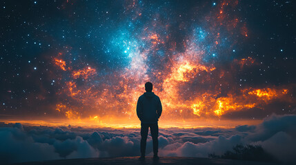 Fototapeta premium A silhouetted figure gazes at a vibrant cosmic backdrop, showcasing stars and nebulae amidst a dramatic sky.