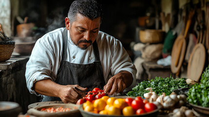A skilled chef carefully prepares fresh ingredients in a rustic kitchen, showcasing culinary talent and passion for cooking.