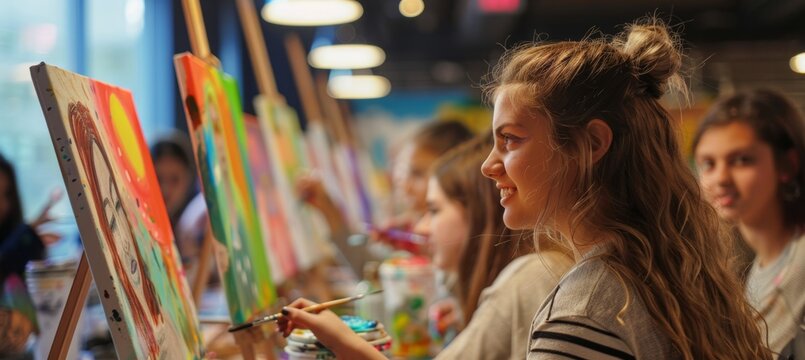Young Students Enjoying a Creative Paint and Sip Event at an Art Studio for Freshmen Engagement