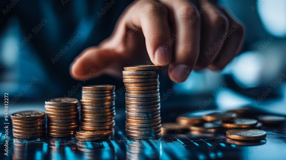 Poster a person is stacking coins on top of each other