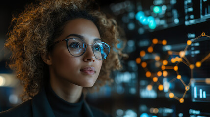 A thoughtful young woman with curly hair and glasses, focused on data analysis in a modern technological environment.