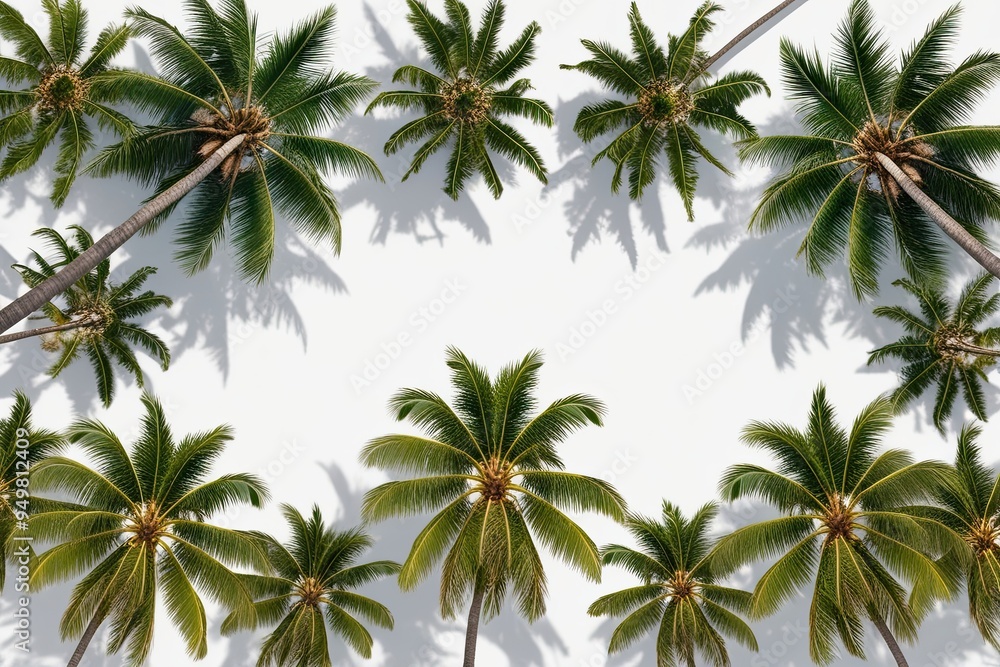 Poster top view of areca palm and coconut palm trees on isolated white background in greenery shape
