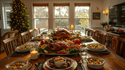 Thanksgiving dinner ready, turkey on the dinner table with different food.