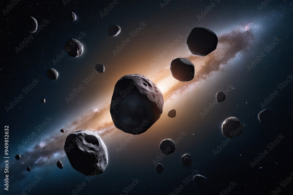 Poster orbiting asteroids: swarm of floating celestial rocks in the cosmos