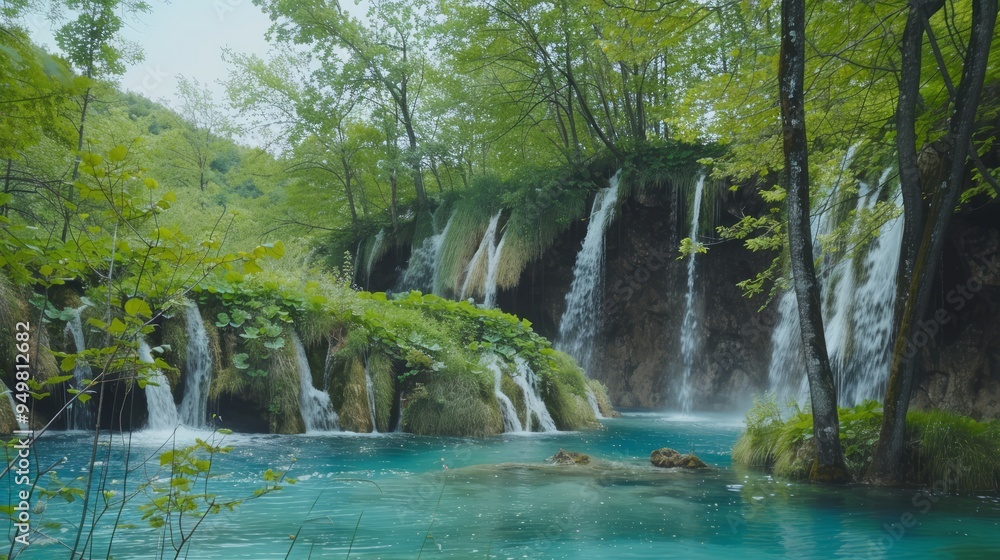 Poster Lush green foliage surrounds cascading waterfalls, forming a serene turquoise pool.