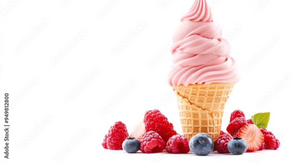 Poster in png format, this dessert menu item design image features soft serve yogurt ice cream swirls on a 