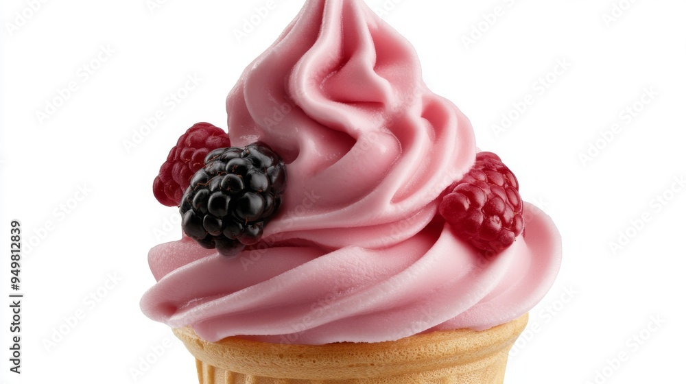 Poster a soft serve yogurt ice cream swirl on waffle cone isolated on a transparent background is ideal for