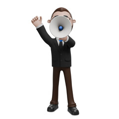 Fototapeta premium The image shows a professional character in a suit using a megaphone and giving a thumbs-up gesture, which conveys communication, announcement, or leadership.
