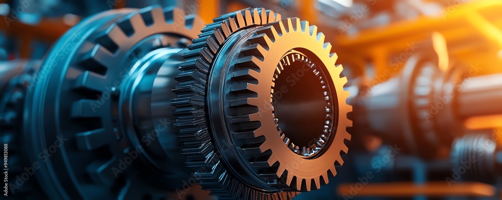 Poster close-up view of industrial gears in a machinery setting with a warm, glowing light in the backgroun