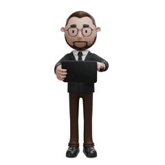 a professional character holding and interacting with a tablet, symbolizing digital technology, business operations, or modern communication in a professional setting.