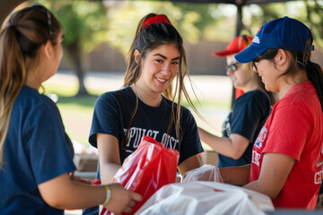 High School Graduates Volunteering at Community Event in University T-Shirts Celebrating College Enrollments