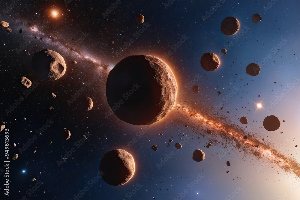 Poster cosmic debris swarm of floating celestial rocks in interstellar fields