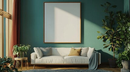 Frame mockup, ISO A paper size. Living room wall poster mockup. Interior mockup with house background. Modern interior design. generative ai