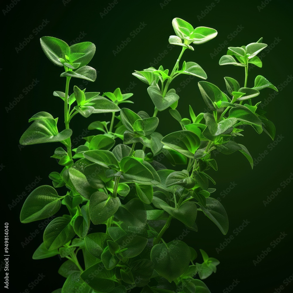 Sticker Lush green oregano plant against a dark backdrop.