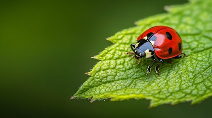 Obraz premium A vibrant ladybug adorns a verdant leaf, captured in a close-up macro shot. The ladybug's scarlet shell and black spots stand out against the lush greenery, creating a striking contrast.