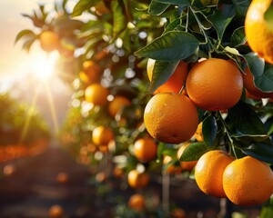 Citrus grove with ripe oranges hanging from trees, sunlight filtering through leaves, Rustic, Warm hues, Photograph, Harvest abundance