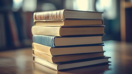 A Stack of Books on a Wooden Table